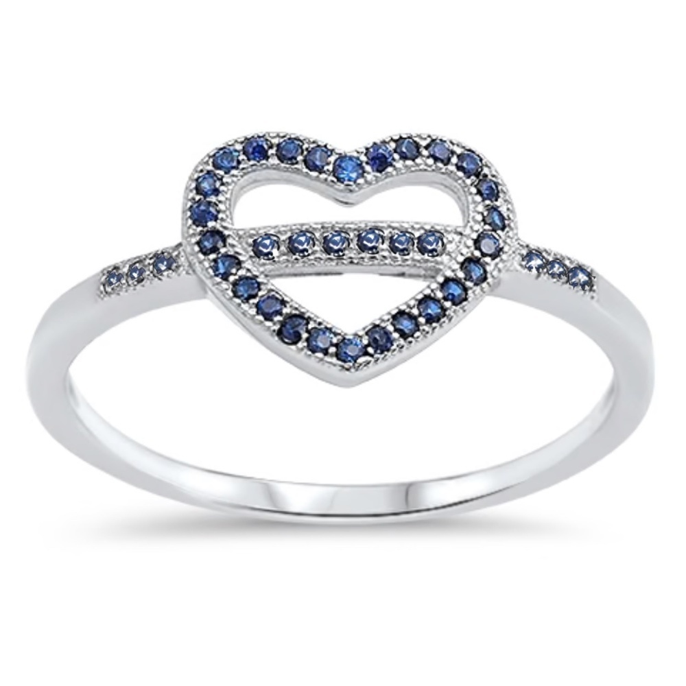 Sterling Silver Heart Ring with Blue Sapphire  – 9 mm Face Height